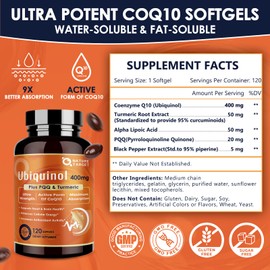 NATURE TARGET Ubiquinol CoQ10 400mg softgels with PQQ & Turmeric, High Absorption Coenzyme Q10 Supplement with ALA & Black Pepper, Antioxidant for Heart & Brain Health, Energy Production, 120 Count