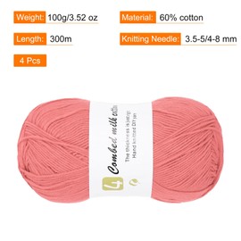 Rebower Cotton Yarn, 60% Cotton, 40% Acrylic Soft Knitting Yarn [for Hand DIY Bag Cushion Crocheting Knitting ] -4 Packages of 100g/3.52oz(Per Skein 100g/361yards)/Light Red