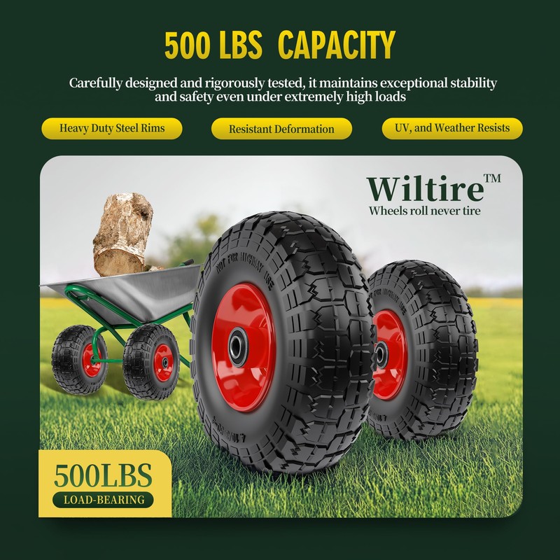 Wiltire (2 Pack) 4.10/3.50-4 Flat Free Tire and Wheel 10-Inch