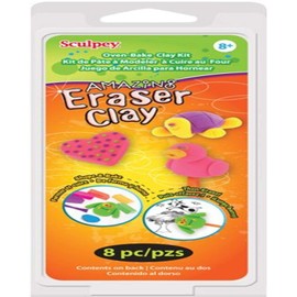 Sculpey Bake Shop Eraser Polymer Oven Bake Clay, 6 unique color set, becomes real erasers after baking, 1 modeling tool, Great for creating holiday, DIY projects, jewelry and school projects.