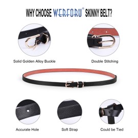 WERFORU 3 Pack Women Skinny PU Leather Belt for Dress Jeans-Thin Waist Belt with Gold Alloy Buckle…