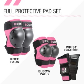 80Six Kids’ Multi-Sport Pad Set with Wristguards, Elbow Pads, and Knee Pads, Pink, Junior - Ages 5+