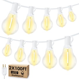 Larkvue 200FT(2x100FT) Outdoor String Lights, LED Patio Lights with 83 Waterproof Shatterproof A39 Dimmable Bulbs(3 Spare) for Deck Yard-2 Pack White