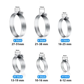 60 Stk Schlauchschellen Set, 6-51mm Schlauchschelle Edelstahl 304, Schlauchklemmen, Einstellbare Rohrschellen Schlauchbinder für Waschmaschine Poolschlauch Kraftstoffschlauch, 6 Größen Schellen