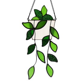 Stained Glass Window Hanging Green Plant Window Suncatcher Handcrafted Green Faux Plant Window Wall Glass Panel Decor for Plant Lovers,Unique Home Indoor&Outdoor Decor