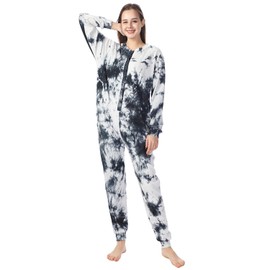 Lifeye Pajamas Womens Onesie Sleepwear Romper Bodysuit Tie Dye Long Sleeve Jumpsuit Homewear Nightwear with Pockets Black White L