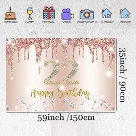 Happy 22nd Birthday Backdrop Banner for Women, 22nd Birthday Decorations 22 Years Old Fabric Sign Poster Party Deor, 22nd Birthday Party Supplies Rosegold Photo Background, 59"x35.4"