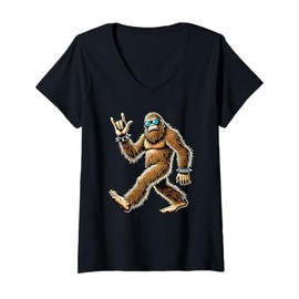 Womens Rock On Bigfoot Sasquatch Sunglasses, Rock'n Roll Punk Look V-Neck T-Shirt