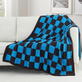 Carriediosa Checkered Throw Blanket 50" X 60", 400GSM Ultra Soft Microfiber Fuzzy Fluffy Reversible Cute Preppy Knitted Blankets Cozy Plush Fall Throws for Couch, Bed, Sofa, Blue and Brown