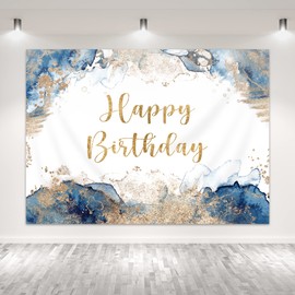 Glawry Blue Happy Birthday Backdrop Men Banner 7Wx5H Feet Abstract Watercolor Navy Golden Dots Ink Sparkle Girl Boy Women Party Photography Background Decorations Photo Booth Studio