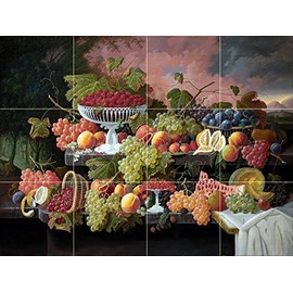 Still Life with Fruit and Sunset Landscape by Severin Roesen Tile Mural Kitchen Bathroom Wall Backsplash Behind Stove Range Sink Splashback 4x3 4.25" Ceramic, Matte