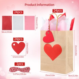 TaoQ C 24 Pack Valentines Day Gift Bags with Tissue and Tags Valentines Kraft Paper Bags Valentines Candy Bags with Handles for Valentine's Day Wedding Anniversary Birthday