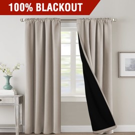 H.VERSAILTEX 100% Blackout Curtains for Bedroom with Black Liner Full Room Darkening Curtains Thermal Insulated Back Tab/Rod Pocket Window Drapes for Living Room, 2 Panels, 42 x 84 Inch, Natural Sand