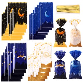 EKSMA 100 Pieces Gift BagsEid Mubarak Party Treat Bag Eid Gift Bag, Muslim Castle Moon Star Pattern Ramadan Treat Bags Cellophane Bags Goody Favor Bags for Eid Party