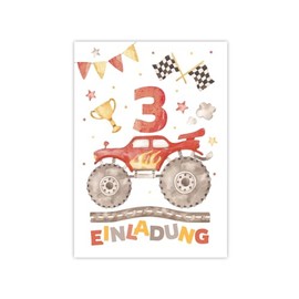 12 Invitations for 3rd Children's Birthday Boys Monster Truck Car Invitations for Third Birthday Children Colourful Birthday Invitations