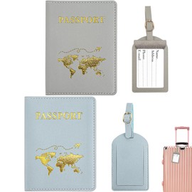 ZDNT Passport Cover, Pack of 2 Passport Covers with 2 Suitcase Tags, Passport Holder, Passport Cover, Passport Case, Suitcase Tag for Credit Cards, ID and Travel Documents, (Blue, grey), Modern