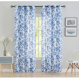Blue White Sheer Curtains for Living Room Print Leaves Botanical Semi-Sheer Drapes for Men's Boys' Bedroom Apartment Dorm 90inches Long Light Filtering Navy Leaf Window Treatment Sets 1 Pair