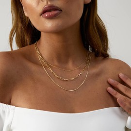 VIROMY Necklace Women's Gold 14K Gold/Silver Stackable Snake Chain Paper Clip Chain Twisted Rope Chain Adjustable Multilayer Necklace Set, Brass, No Gemstone