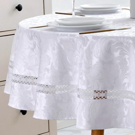 Heavy Duty Fabric Tablecloth with White Lace-Waterproof/Wrinkle Free/Stain Resistant/Oil Proof-for Dining,Indoor&Outdoor,Wedding,Holiday,White Damask,Round 70Inch