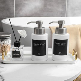 Foaming Soap Dispenser Set, 12 Oz Glass Hand Soap Dispenser with 304 Rust Proof Stainless Steel Pump, Waterproof Labels, for Bathroom Decor Kitchen College Dorm, White Silver Pump 2 Pack