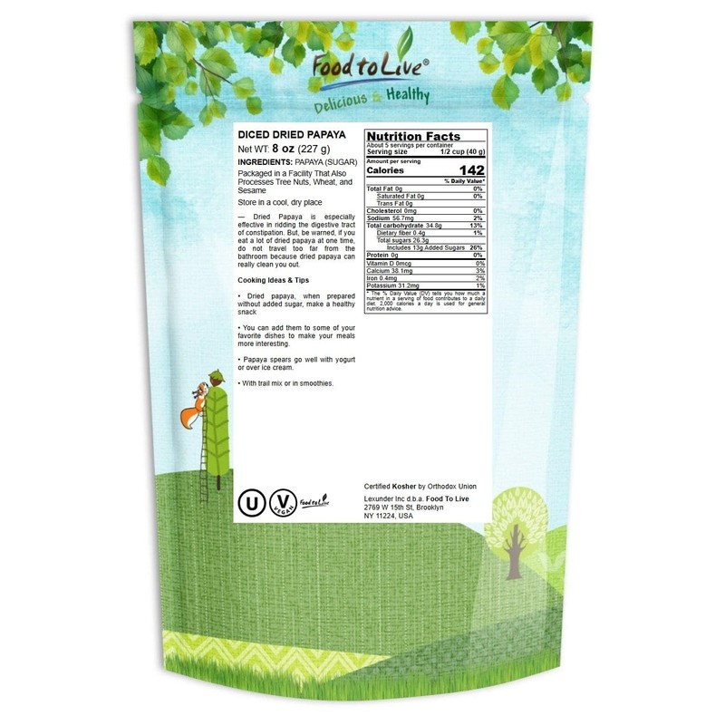 Food to Live Dried Diced Papaya, 8 Ounces Kosher, Vegan,