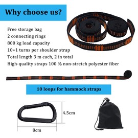 INNAL Set of 2 Hammock Attachment Set, 3 m x 2.5 cm Hammock Suspension Straps + 2 Hook Carabiners, Rod Hammock Swing Attachment, Hanging Set Tree Straps for Camping, Outdoor, Hiking