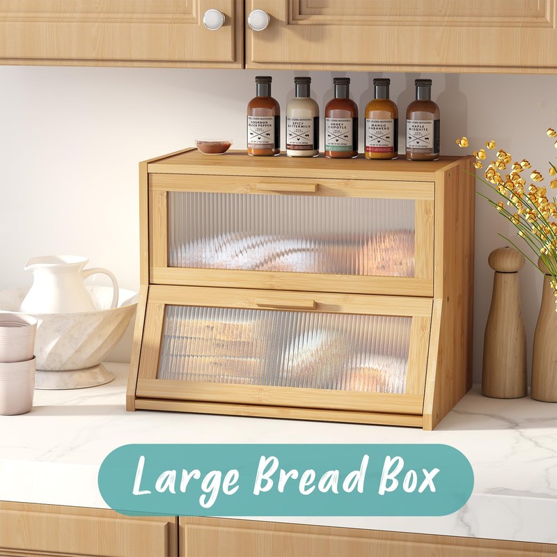 Vriccc Bread Box for Kitchen Counter, Large Bamboo Wooden Double