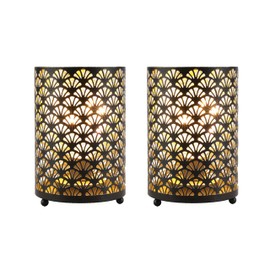 TRIROCKS Set of 2 Battery Operated Lamp 6.5'' Tall Metal Cordless Table Lamp Bronze Lanterns with Warm Fairy Lights Bulb for Patio Garden Wedding Parties Indoor Outdoor(Scalloped Hollow Pattern)