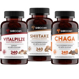 SHROOMY Shiitake + Chaga + Vital Mushrooms (Mushroom Complex) in a Set of 3 - 240 High Dose Mushroom Extract Capsules with 20% Beta Glucans and 40% Polysaccarides