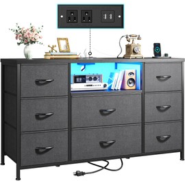 Dresser for Bedroom with LED Lights & Power Outlets, Dresser with 8 Drawers for 55-inch TV, Chest of Drawers with Open Shelves & 6 Adjustable Feet for Living Room and Entryway, Grey