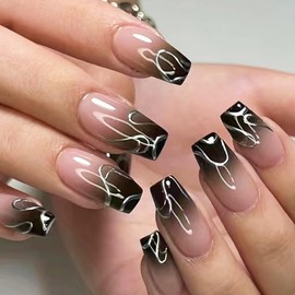 24pcs French Tip Press on Nails Medium Coffin Black White Gradient Fake Nails with Stripe Designs Silver Irregular Stripe Stick on Nails Full Cover Glossy Artificial Nails for Women Girl