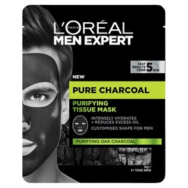 L'Oréal Paris Purifying Tissue Mask, Intensely Hydrates and Reduces Excess Oil, Absorbs Oil and Mattifies Skin, Customised Shape for Men, Men Expert Pure Charcoal, 1 g