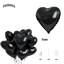 Fesnova Heart Black Balloons Set, 12 Pieces Black Balloons Foil Balloons, Black Heart for Birthday, Wedding, Engagement, Bridal Shower, Valentine's Day