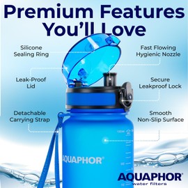 Nakii Filtered Water Bottle, Leakproof, BPA-Free, Motivational Markings, Travel, Everyday Use. 40-Gallon Filter, Replaces 300 Plastic Water Bottles. Includes 1 Filter, 22 FL Oz, Blue by Aquaphor