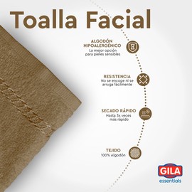 GILA Toalla Facial de Algodón Hipoalergénico Essentials I Paquete de 24 Toallas para Cara Color Arena (30 x 30 cm)