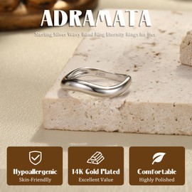 Adramata Ring 925 Silver Women's 14K Gold-Plated Engagement Ring Wedding Rings Women Wavy Stacking Thumb Ring Simple Band Ring, Gold/Silver Promise Rings Jewellery Gifts, Sterling Silver