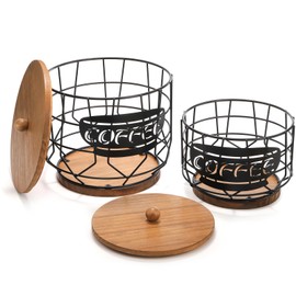 yarlung 2 Pack Coffee Pod Holder with Lid, Large Capacity K Cup Holder with Rustic Wooden Base, Black Wire Coffee Storage Basket for Filters Capsules, Cafe Bar Organizer