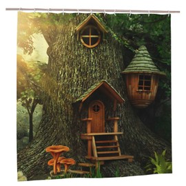 Newhomestyle Woodland Outdoor Garden Shower Curtain, Tree House Decor Bathroom Shower Curtain, Kids Fantasy Cartoon Art Waterproof Bath Curtain with 12 Hooks, 150x180cm/ 59X71 inch