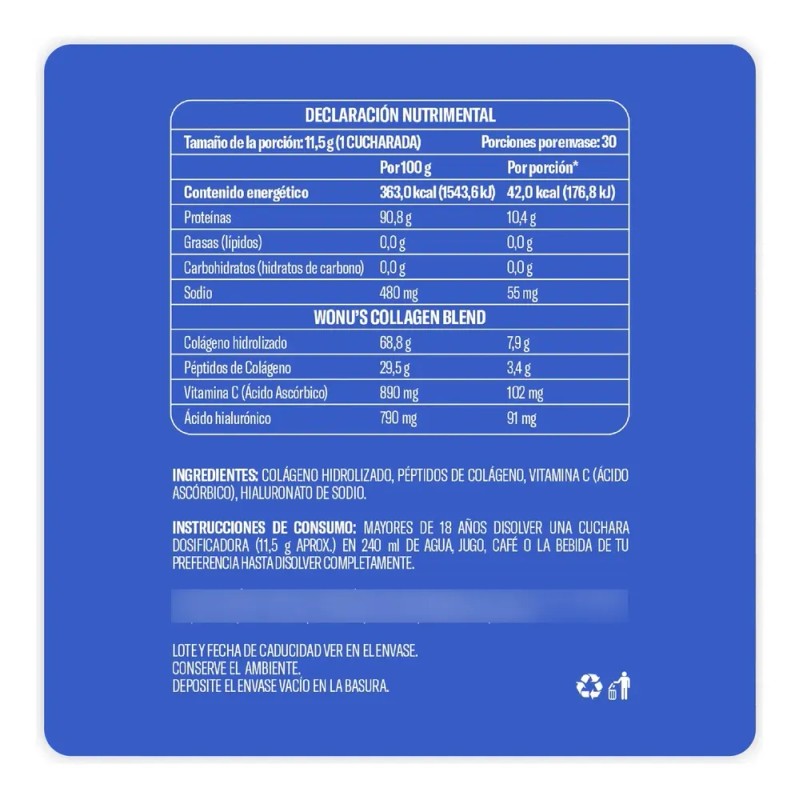 Wonu Colágeno Hidrolizado Sin Sabor 345g 30 Servicios Sfn