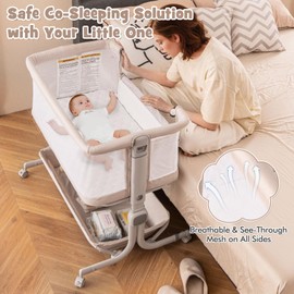 BABY JOY Bassinet, Bedside Crib w/ 6-Level Adjustable Height, Storage Shelf, Wheels, Mattress & Carry Bag for Safe Co-Sleeping, Folding Bassinet Bedside Sleeper for Newborn Infants (Beige)