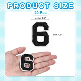 QUARKZMAN 20 Stk. Zahlen Patches 6cm Höhe Nummer 6 Bestickte Dekorative Reparatur-Patches zum Aufbügeln/Nähen auf Stickerei-Applikationen für Dekor Kleidung Schuhe DIY Basteln, Schwarz