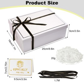 Gift Box with Lid 25 x 18 x 8.5 cm, Gift Box with Bows, Gift Box Set, Greeting Cards, Raffia Hamper Shreds for Wedding, Birthday, Christmas (White)