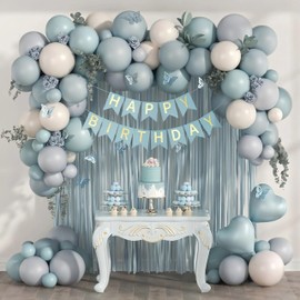 Blue Birthday Decorations for Women Men with Slate Dusty Light Blue Sand White Foil Balloons Fringe Curtain Banner for Birthday Party Decorations