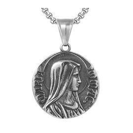 Virgin Mary Necklace for Men, Hip Hop Christ Mary Necklace, Christian Religious Jesus Head Pendant Necklace with 23.6 Inch Chain, Stainless Steel Punk Rock Catholic Mary Pendant, Stainless Steel