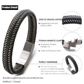 Halukakah Jazz men's pure leather bracelet, gun black/Maserati red/moonlight silver/sail blue titanium magnetic clasp, size adjustable 8.2-8.7 inches (21-22 cm) with free gift box, Gold Plated