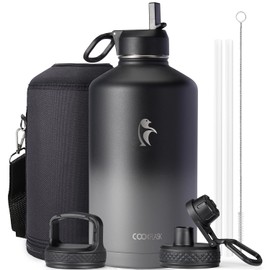 Coolflask 128 oz Gallon Water Bottle Insulated with Straw&3 Lids, Water Jug Large Stainless Steel Metal Vacuum Wide Mouth for Sports, Gym or Office, Non-BPA Keep Cold 48H Hot 24H, Piano Night