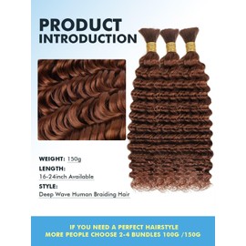 Human Braiding Hair for Boho Braids 150g 16 Inch Auburn Brown Curly Boho Hair for Braiding Knotless 12A Deep Wave Bulk Bohemian 3 Bundles/Pack Color 30