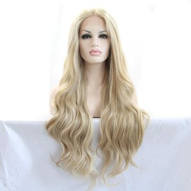SereneWig 61 cm Long Wave Highlight Blonde Synthetic Lace Front Wigs for Women Daily Wear Blonde Mixed Wig Party Natural Looking Heat Resistant Wigs Cosplay Replacement