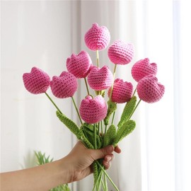 Christmas Room Decor Crochet Tulip Flower without Vase, 10pcs Artificial Fiber Flower, Knitted Tulips, Flower Arrangement, Gender Neutral Products, Decorative Flower, Home Decor Tulip Flowers, Fall Decor - Color: Pink, Specification: 10pcs(without vase)
