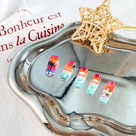 LWTZLW Summer Press on Nails Medium Square False Nails Coconut Tree Full Cover Glue ons Nail Seaside Short Coffin Acrylic Fake Nails Glossy Artificial Colo Nail Reusable for Women